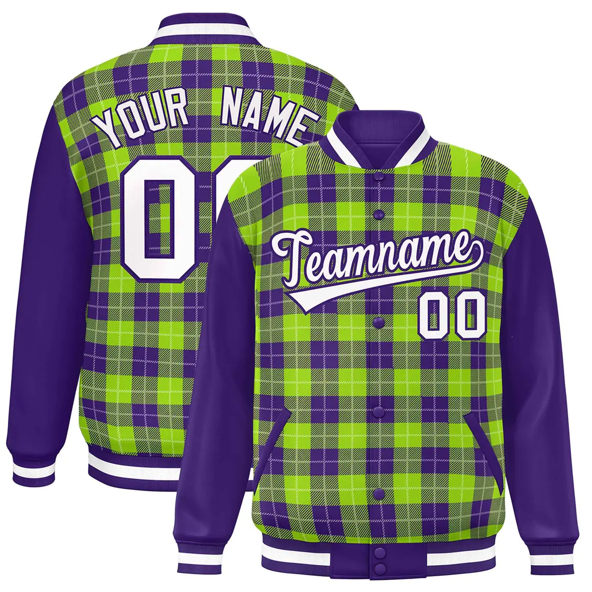 Neon Green Purple-White Plaid Varsity Letterman Baseball Jacket
