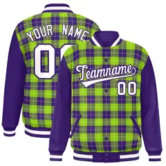 Neon Green Purple-White Plaid Varsity Letterman Baseball Jacket 1