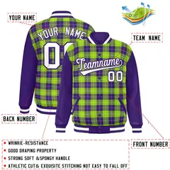 Neon Green Purple-White Plaid Varsity Letterman Baseball Jacket 2