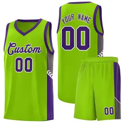 Neon Green Purple-White Side Stripe Sports Basketball Jersey 1