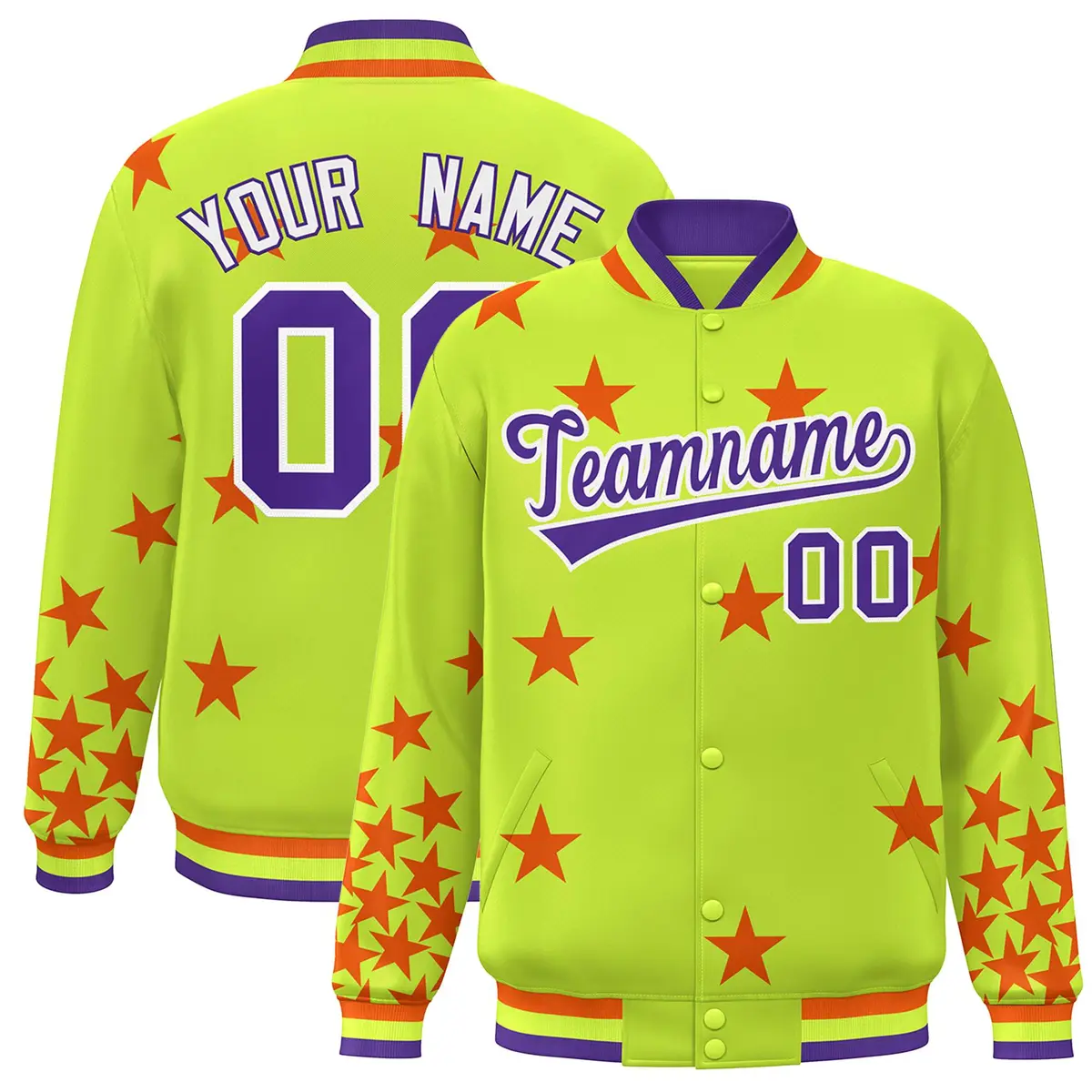 Neon Green Purple-White Star Graffiti Varsity Full-Snap Bomber Jacket