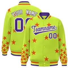 Neon Green Purple-White Star Graffiti Varsity Full-Snap Bomber Jacket