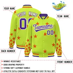 Neon Green Purple-White Star Graffiti Varsity Full-Snap Bomber Jacket 2