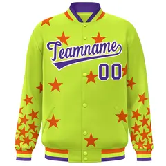 Neon Green Purple-White Star Graffiti Varsity Full-Snap Bomber Jacket 3