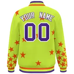 Neon Green Purple-White Star Graffiti Varsity Full-Snap Bomber Jacket 4