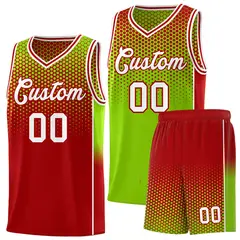 Neon Green Red Dot Pattern Reversible Side Gradient Basketball Jersey Kits