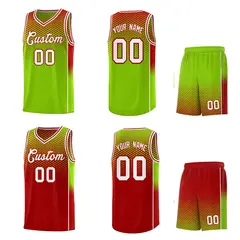 Neon Green Red Dot Pattern Reversible Side Gradient Basketball Jersey Kits 2