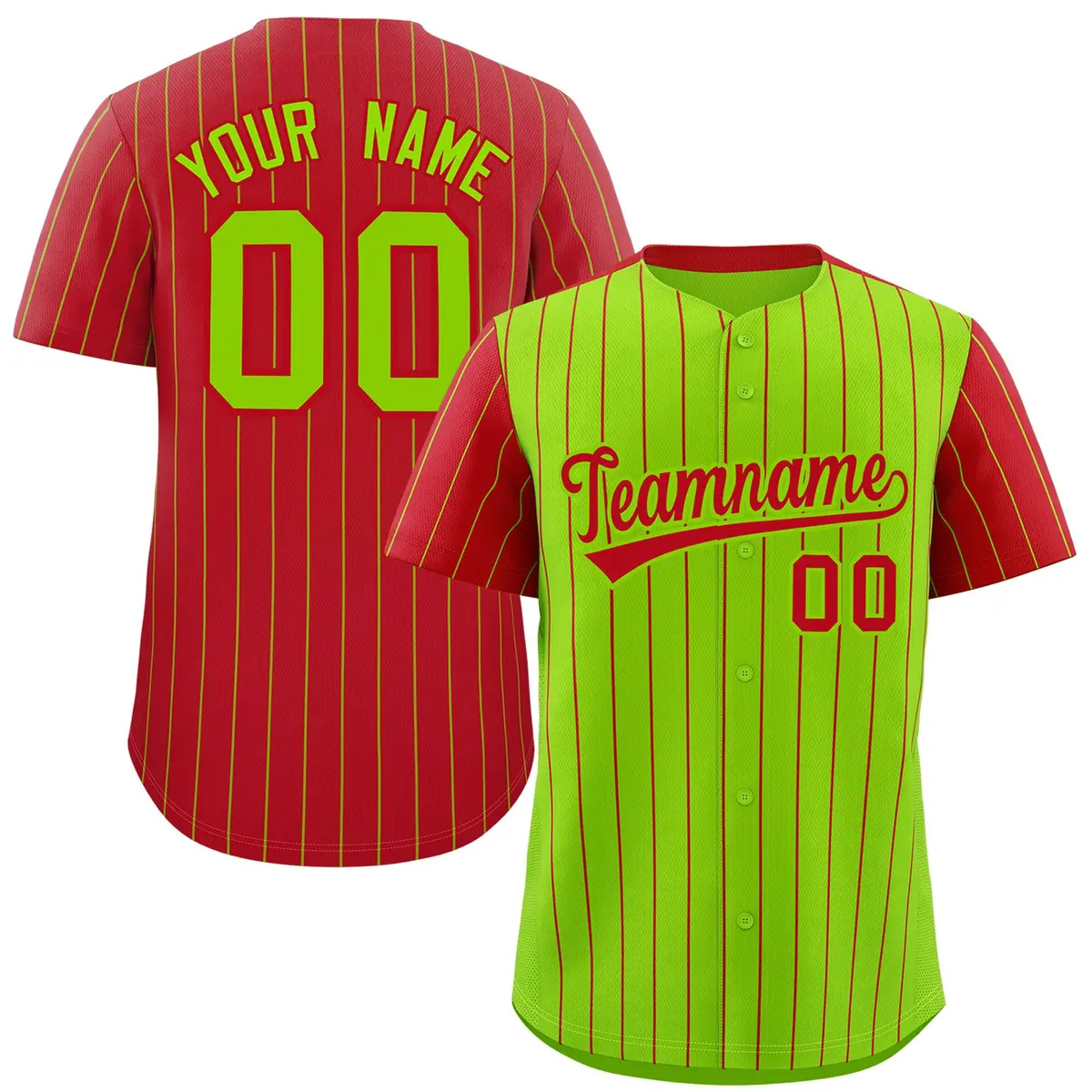 Neon Green Red Pinstripe Raglan Sleeves Baseball Jersey