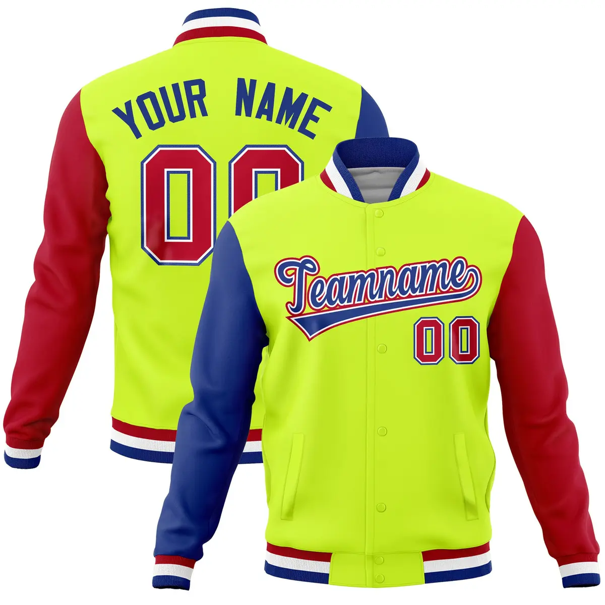Neon Green Red-Royal Raglan Full-Snap Varsity Letterman Jacket