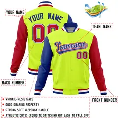 Neon Green Red-Royal Raglan Full-Snap Varsity Letterman Jacket 4