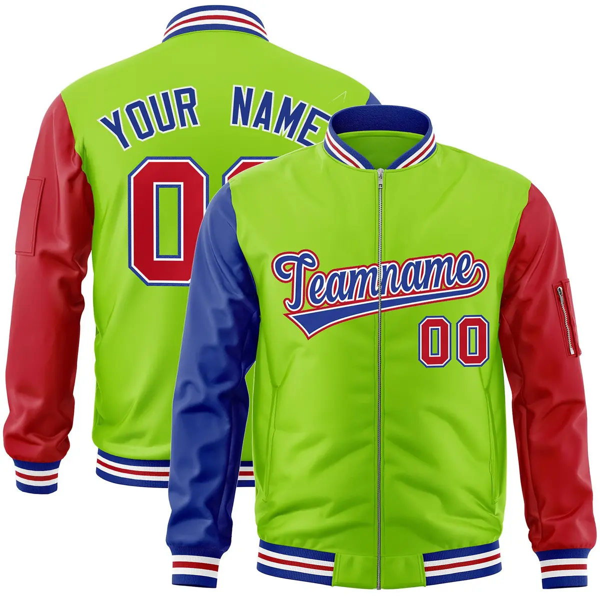 Neon Green Red-Royal Varsity Full-Zip Raglan Letterman Bomber Jacket