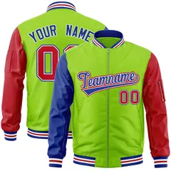 Neon Green Red-Royal Varsity Full-Zip Raglan Letterman Bomber Jacket