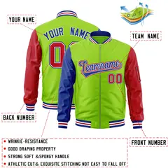 Neon Green Red-Royal Varsity Full-Zip Raglan Letterman Bomber Jacket 2