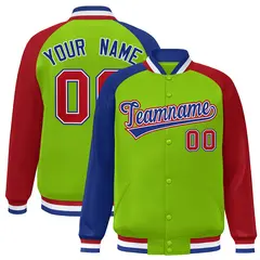 Neon Green Red-Royal Varsity Raglan Letterman Bomber Jacket