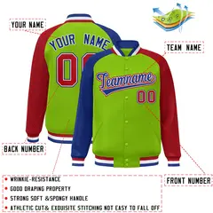 Neon Green Red-Royal Varsity Raglan Letterman Bomber Jacket 2
