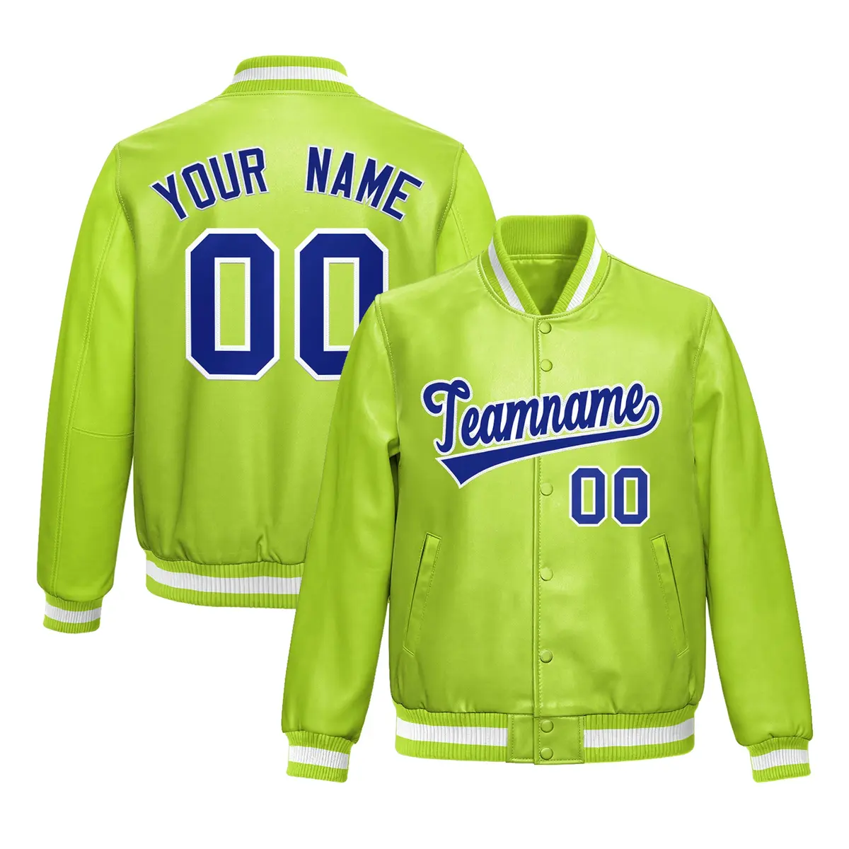 Neon Green Royal Blue Full-Snap Faux Leather Varsity Letterman Jacket