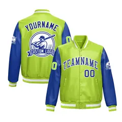 Neon Green Royal Blue Raglan Full-Snap Faux Leather Letterman Jacket