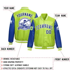 Neon Green Royal Blue Raglan Full-Snap Faux Leather Letterman Jacket 2