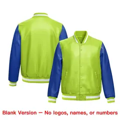 Neon Green Royal Blue Raglan Full-Snap Faux Leather Letterman Jacket 6
