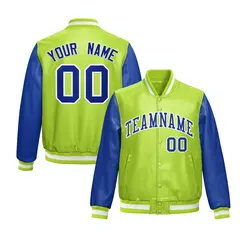 Neon Green Royal Blue Raglan Full-Snap Varsity Faux Leather Letterman Jacket