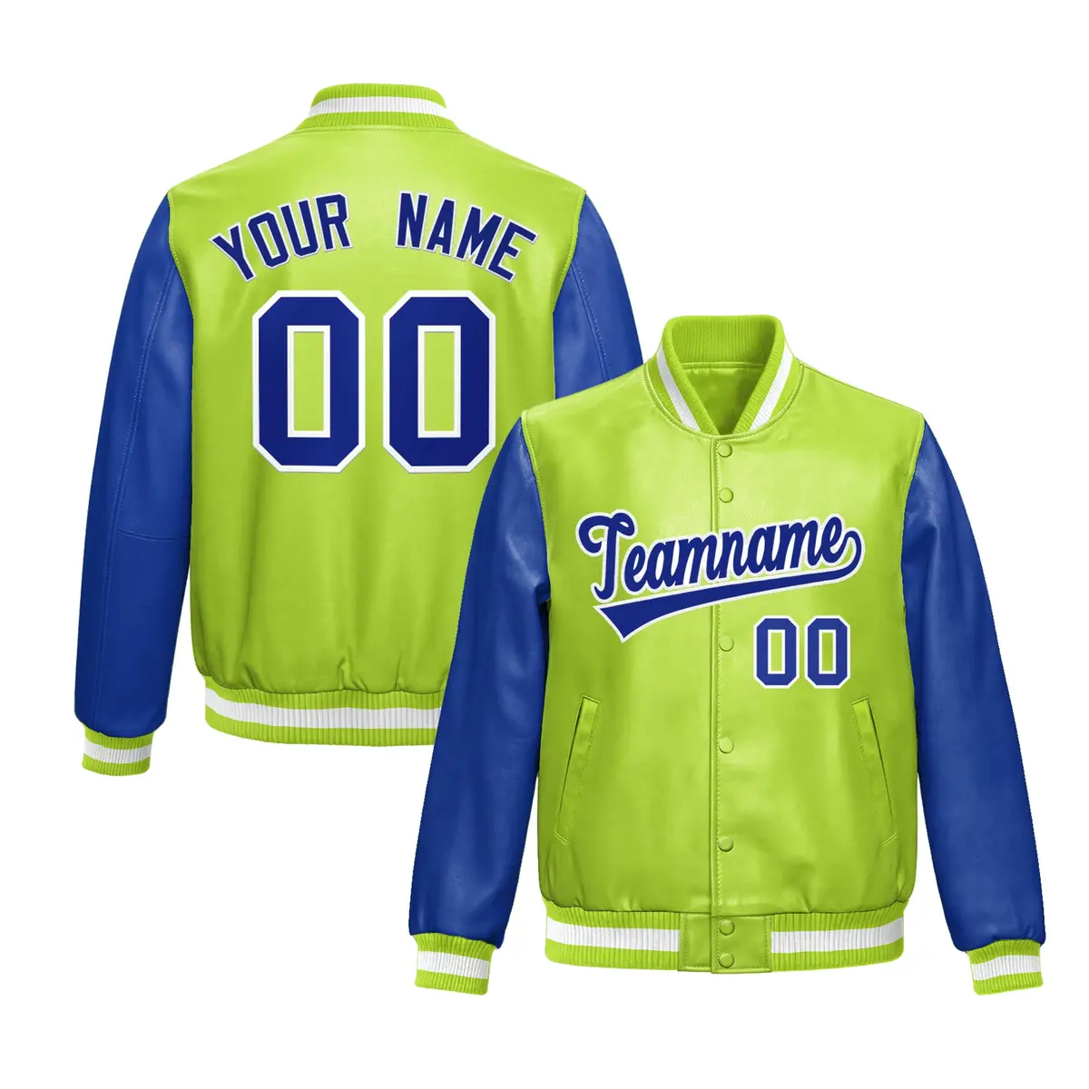 Neon Green Royal Blue Raglan Full-Snap Varsity Faux Leather Letterman Jacket