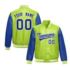 Neon Green Royal Blue Raglan Full-Snap Varsity Faux Leather Letterman Jacket 1