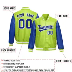 Neon Green Royal Blue Raglan Full-Snap Varsity Faux Leather Letterman Jacket 2