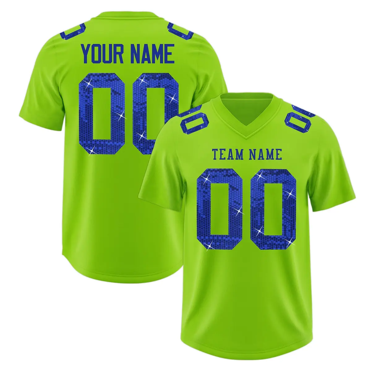 Neon Green Royal Blue Sequin Lettering Football Jersey