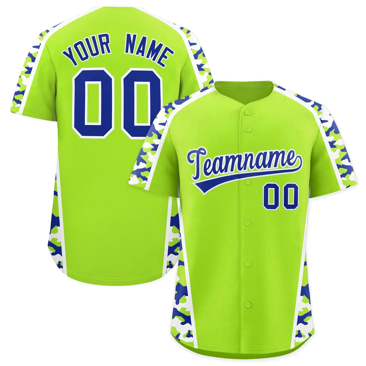 Neon Green Royal Blue Side Camo Baseball Jersey