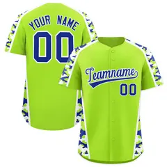 Neon Green Royal Blue Side Camo Baseball Jersey 1
