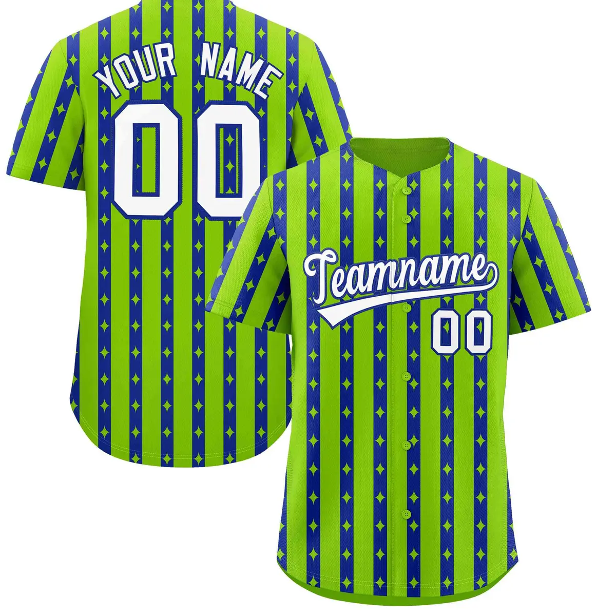 Neon Green Royal Blue Thick Stripe Star Pattern Baseball Jersey
