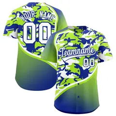 Neon Green Royal Blue White Camo Gradient Baseball Jersey