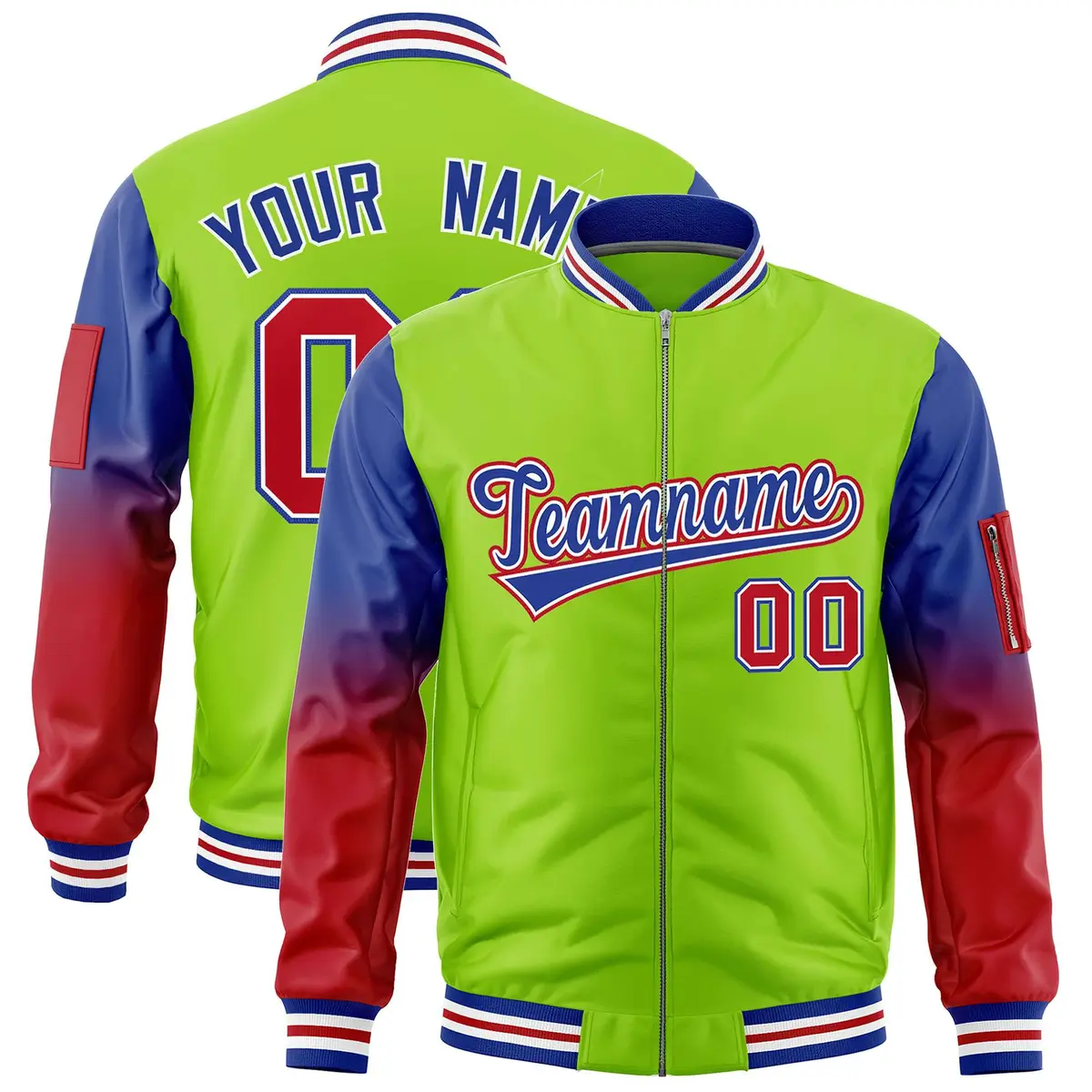 Neon Green Royal-Red Gradient Raglan Varsity Full-Zip Letterman Bomber Jacket