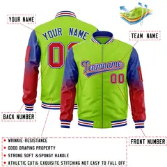 Neon Green Royal-Red Gradient Raglan Varsity Full-Zip Letterman Bomber Jacket 2