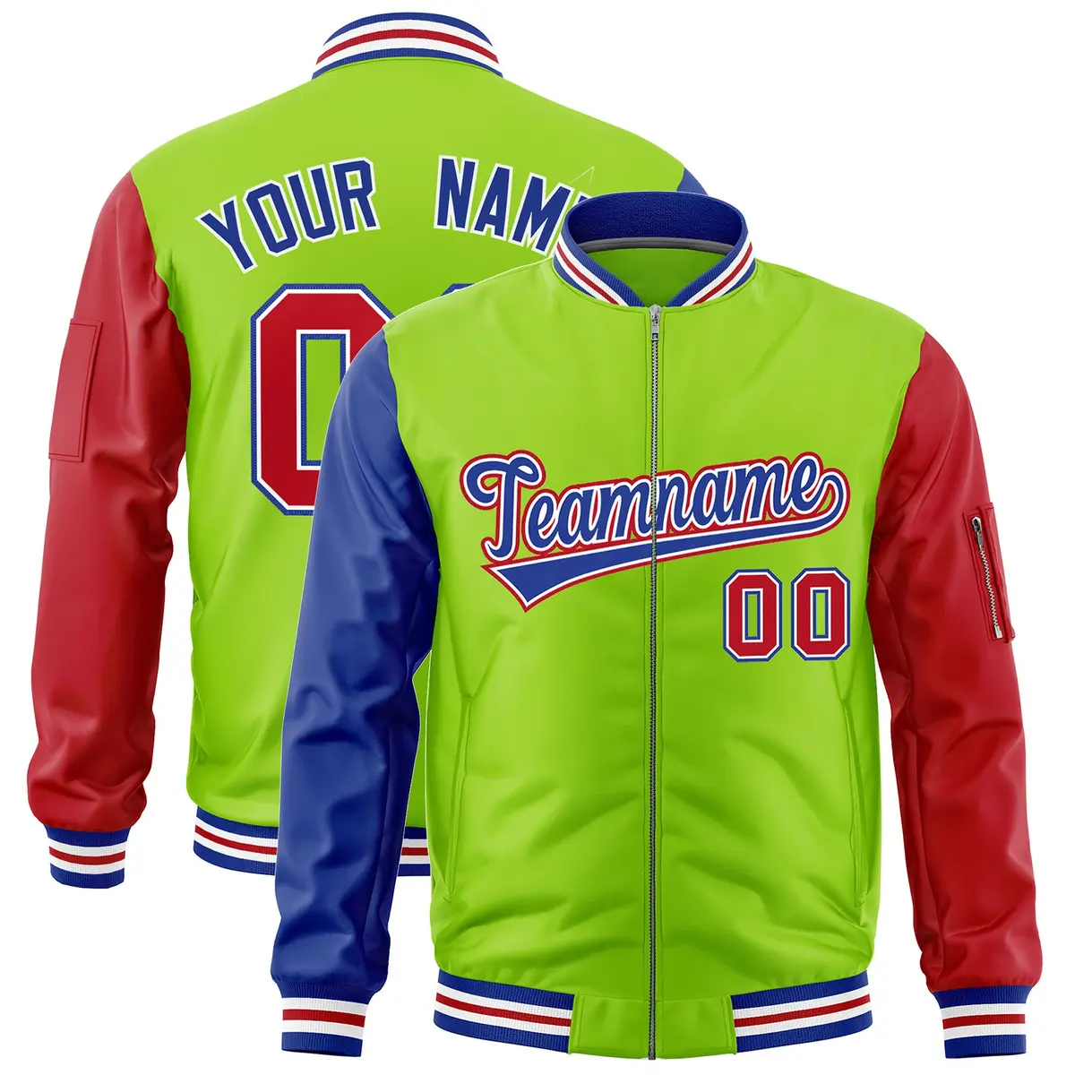 Neon Green Royal Red Varsity Letterman Bomber Jacket Full-Zip Raglan