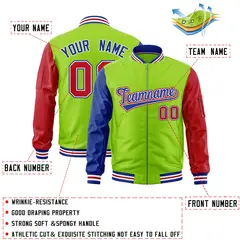 Neon Green Royal Red Varsity Letterman Bomber Jacket Full-Zip Raglan 2