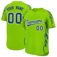 Neon Green Royal Side Flame Outline Baseball Jersey