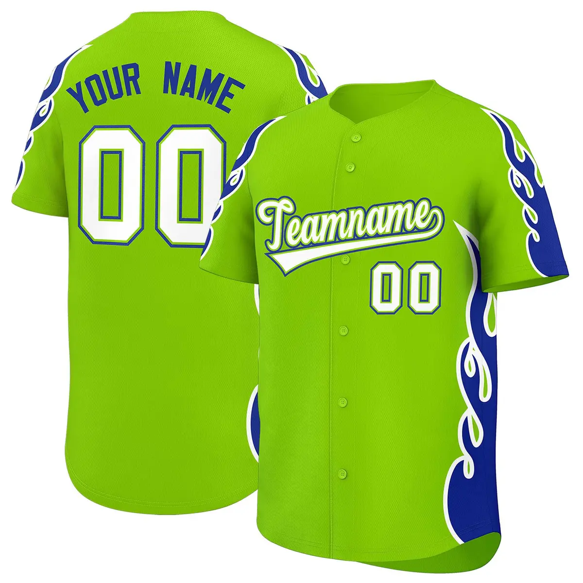 Neon Green Royal Side Flame Outline Baseball Jersey