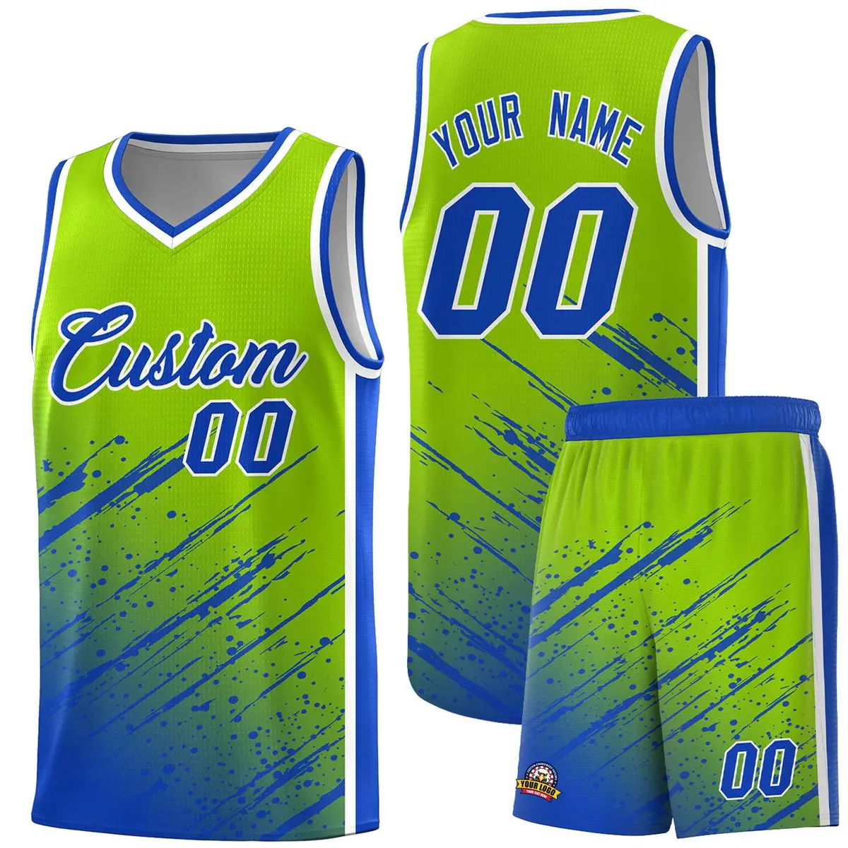 Neon Green Royal Splash Basketball Uniforms for Teams