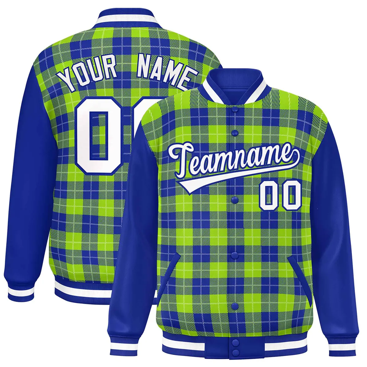 Neon Green Royal-White Plaid Varsity Letterman Jacket