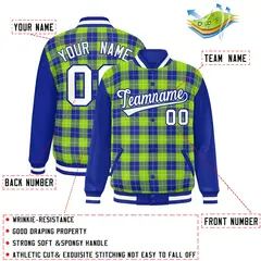 Neon Green Royal-White Plaid Varsity Letterman Jacket 2
