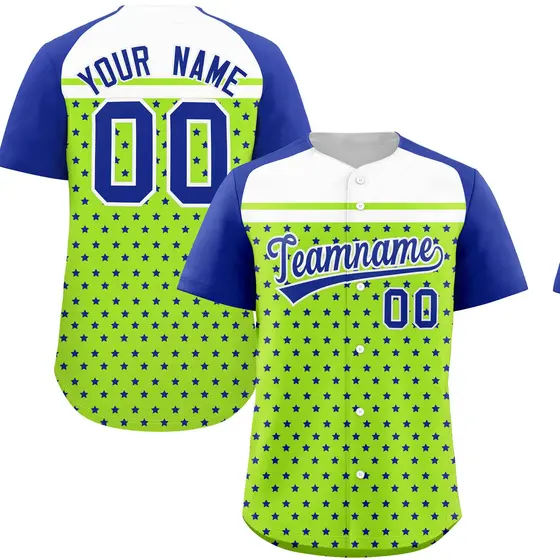 Neon Green Royal White Raglan Star Print Baseball Jersey