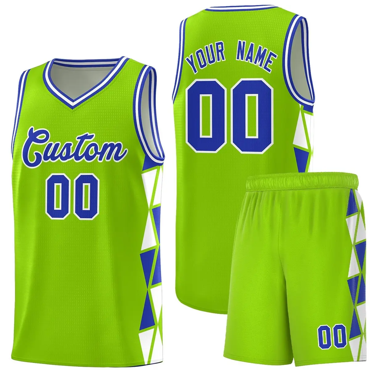 Neon Green Royal-White Triangle Splicing Basketball Jersey
