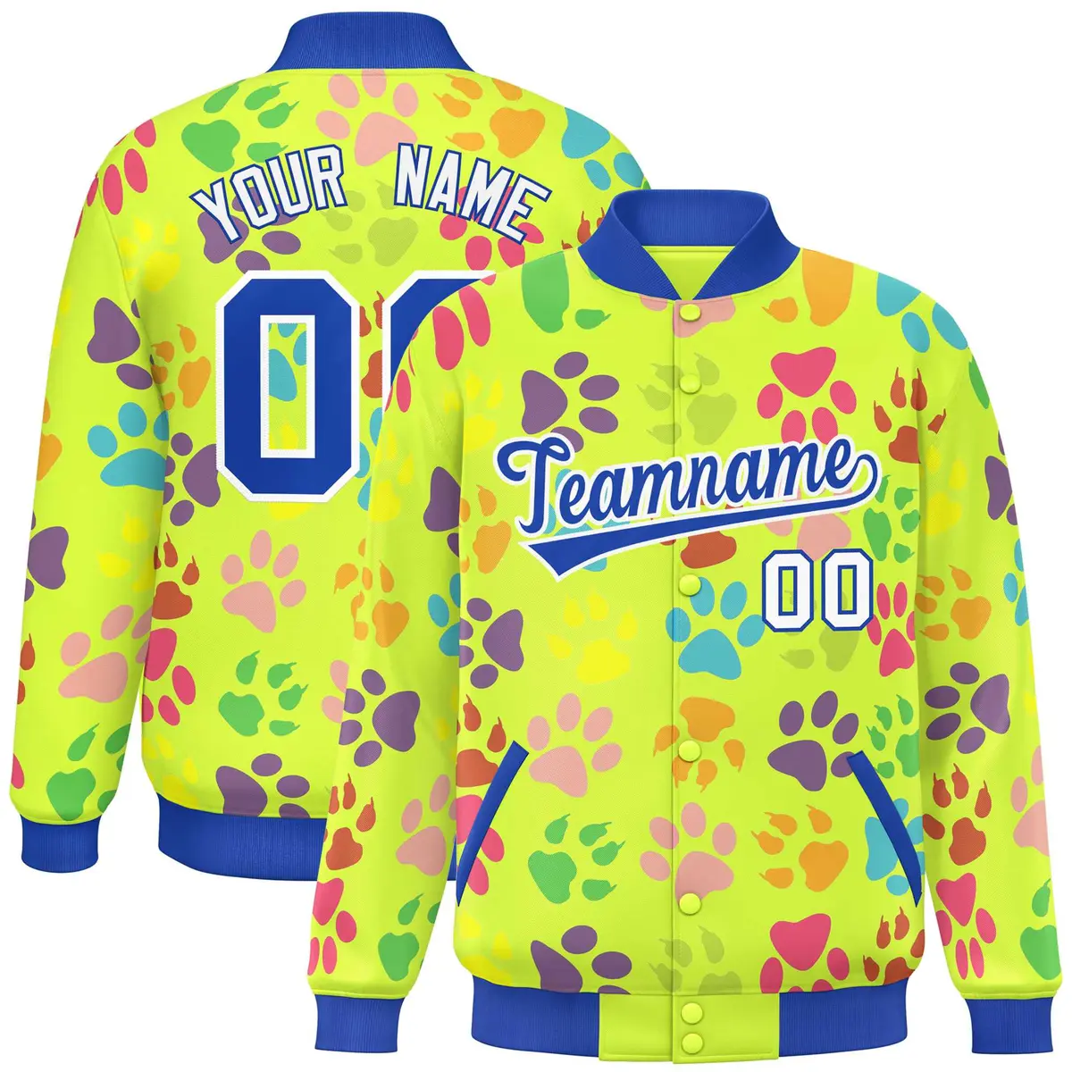 Neon Green Royal-White Varsity Paw Prints Graffiti Letterman Jacket