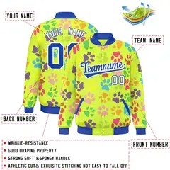 Neon Green Royal-White Varsity Paw Prints Graffiti Letterman Jacket 2