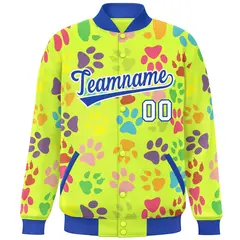 Neon Green Royal-White Varsity Paw Prints Graffiti Letterman Jacket 3