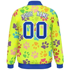 Neon Green Royal-White Varsity Paw Prints Graffiti Letterman Jacket 4