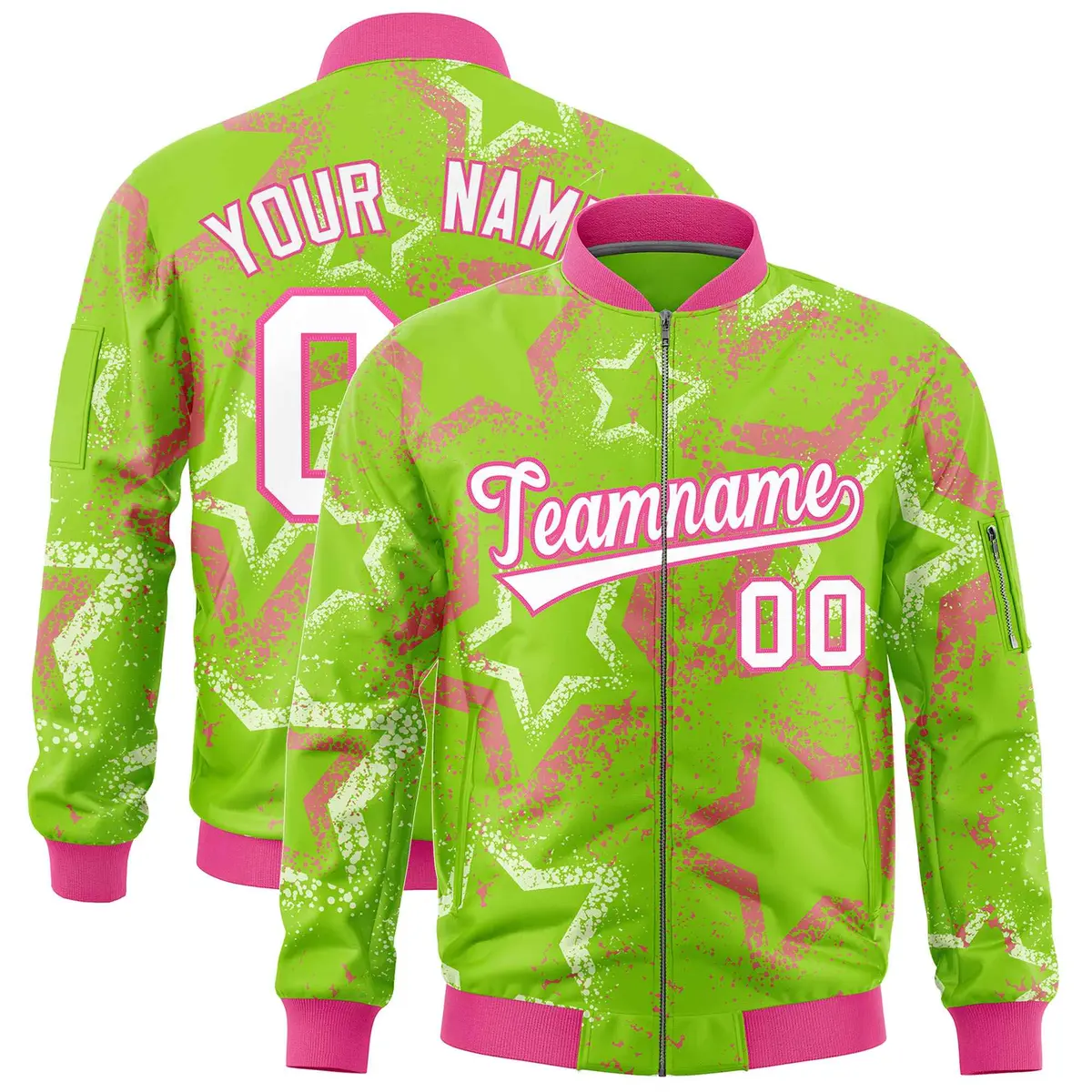 Neon Green Star Pattern Varsity Letterman Bomber Jacket