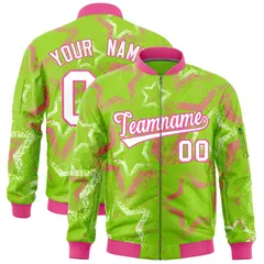 Neon Green Star Pattern Varsity Letterman Bomber Jacket 1