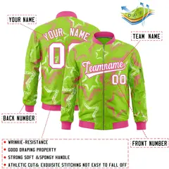 Neon Green Star Pattern Varsity Letterman Bomber Jacket 2